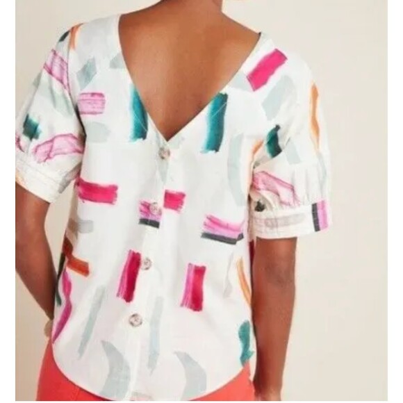 Anthropologie Aimee Clarke Art Brushstroke Button Back Puff Sleeve Top Womens XS - Picture 3 of 16